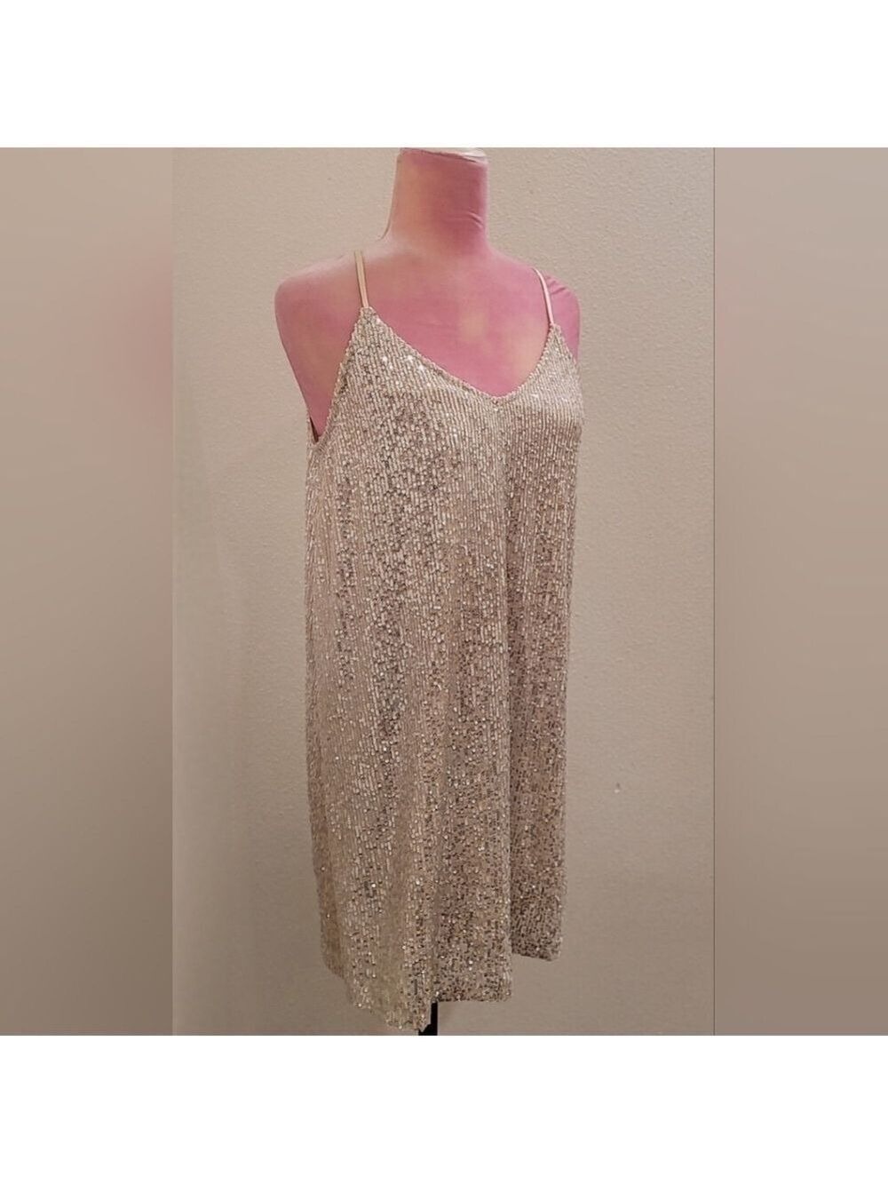 Millibon Silver Sequin Mini Dress Spaghetti Strap V-Neck Sz Large